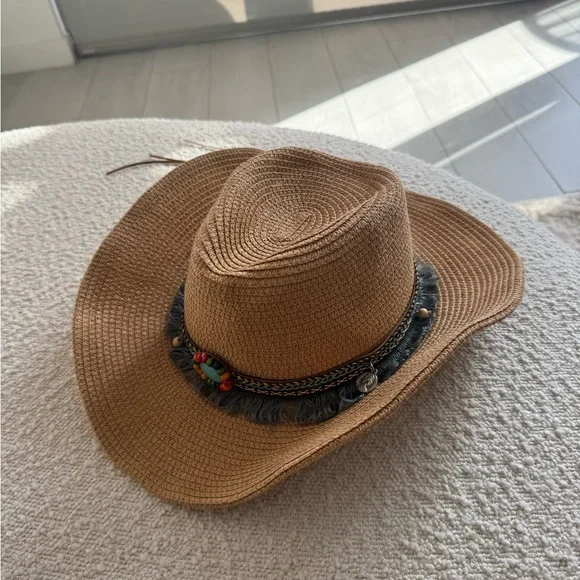Fashion Nova Tan Cowboy Hat with Decorative Hatband - Picture 6 of 7